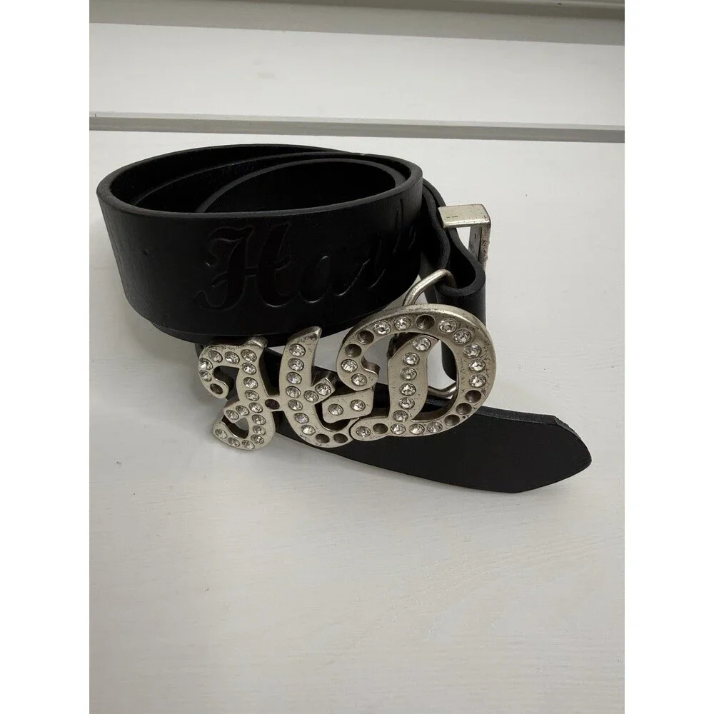 Harley-Davidson Black Leather Rhinestone H-D Belt Silver Buckle Size S